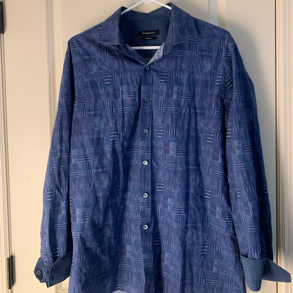 Bugatchi Deep Blue Geometric Print Dress Shirt
